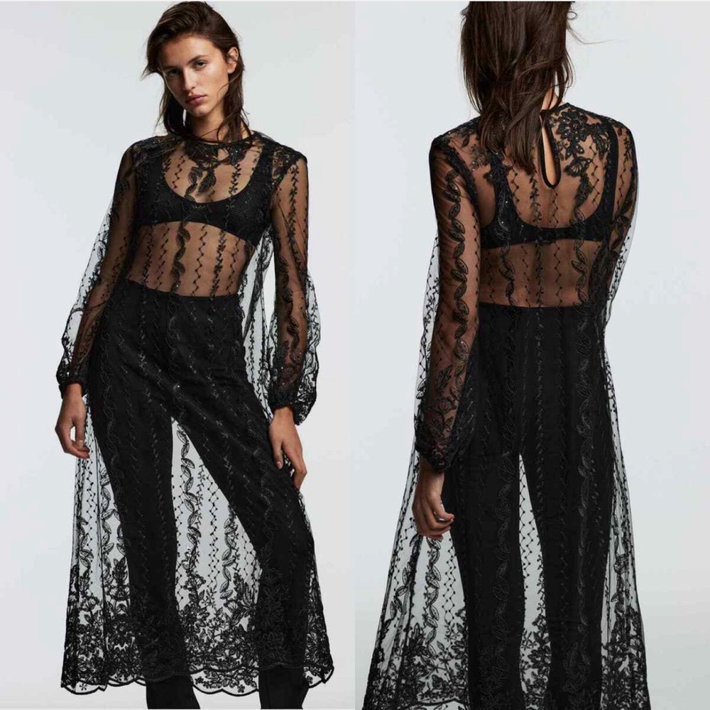 ZARA NEW EMBROIDERED SEMI-SHEER TULLE DRESS